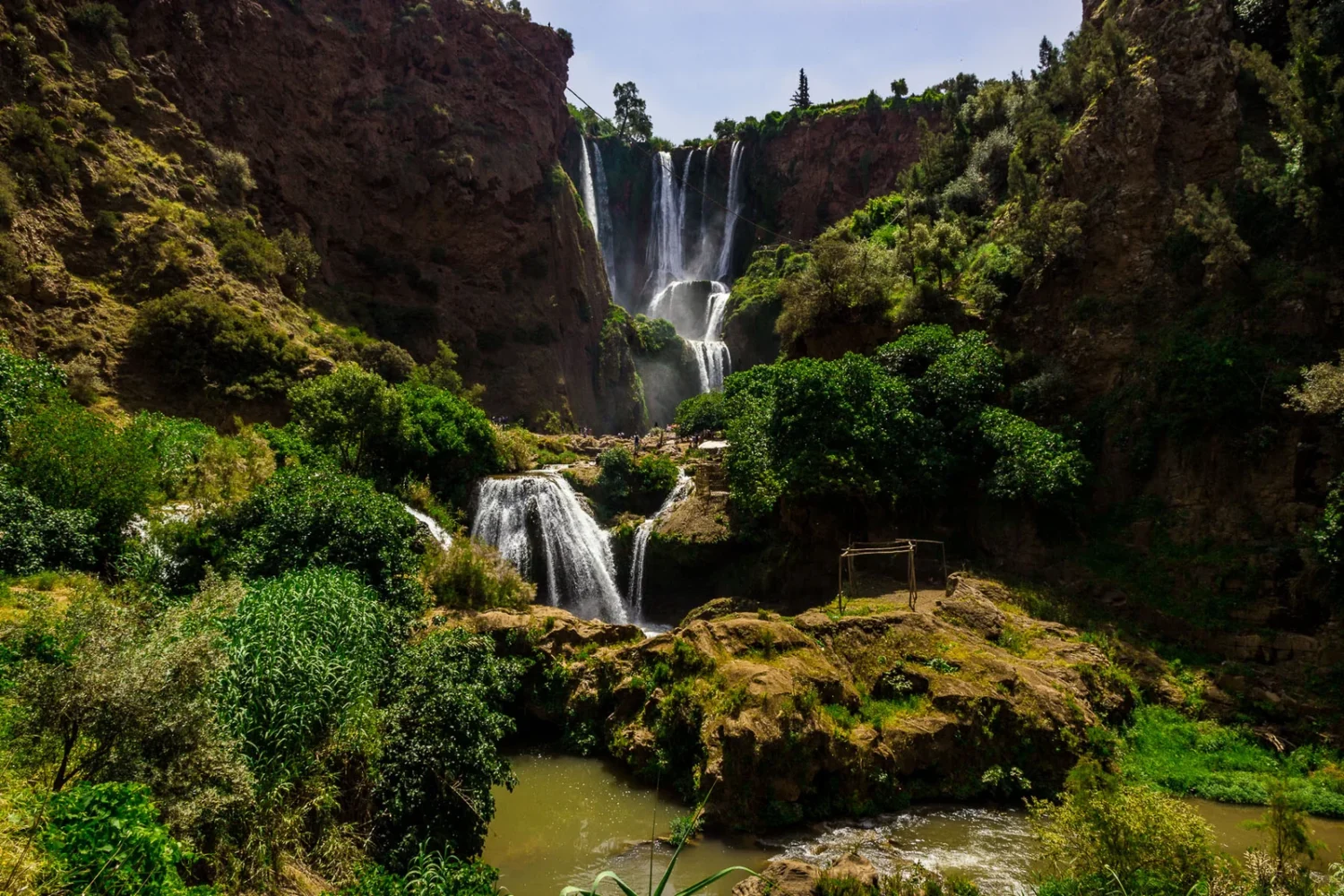 A serene waterfall cascades amidst vibrant green foliage and towering trees, creating a tranquil natural scene.